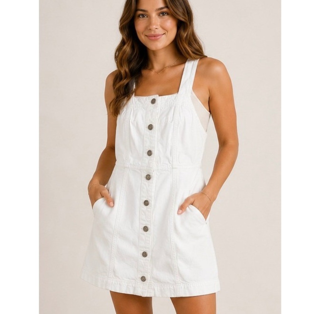 Madewell Denim Button-Front Mini Dress in Tile White w/Pockets Women's Size 00